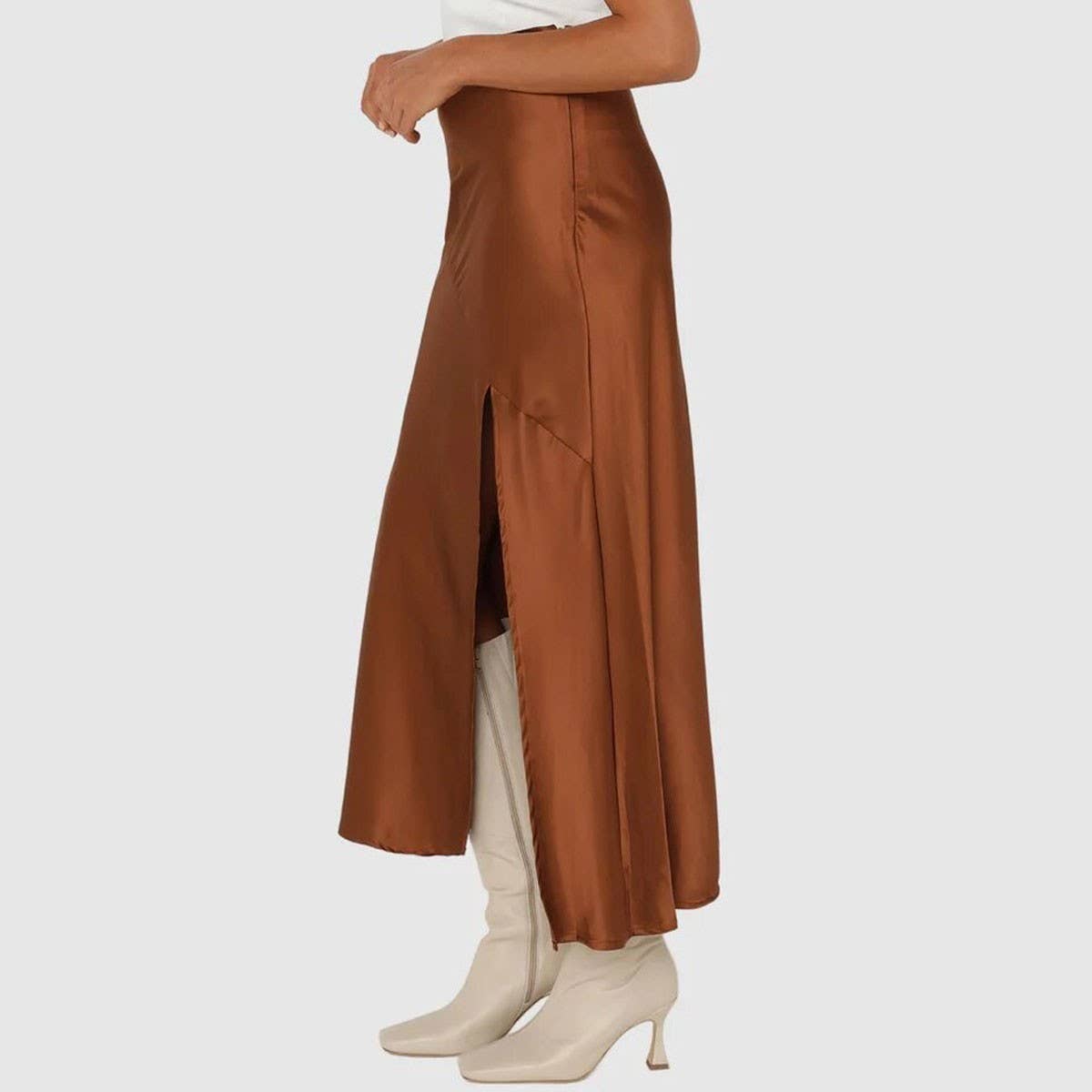 SATIN SKIRT HIGH WAIST ELASTIC SLIT LONG SKIRT