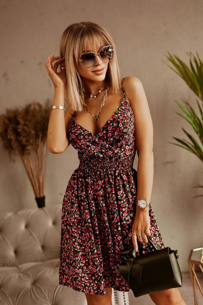 CWDSD6574_PRINTED V-NECK SUSPENDER SEXY DRESS