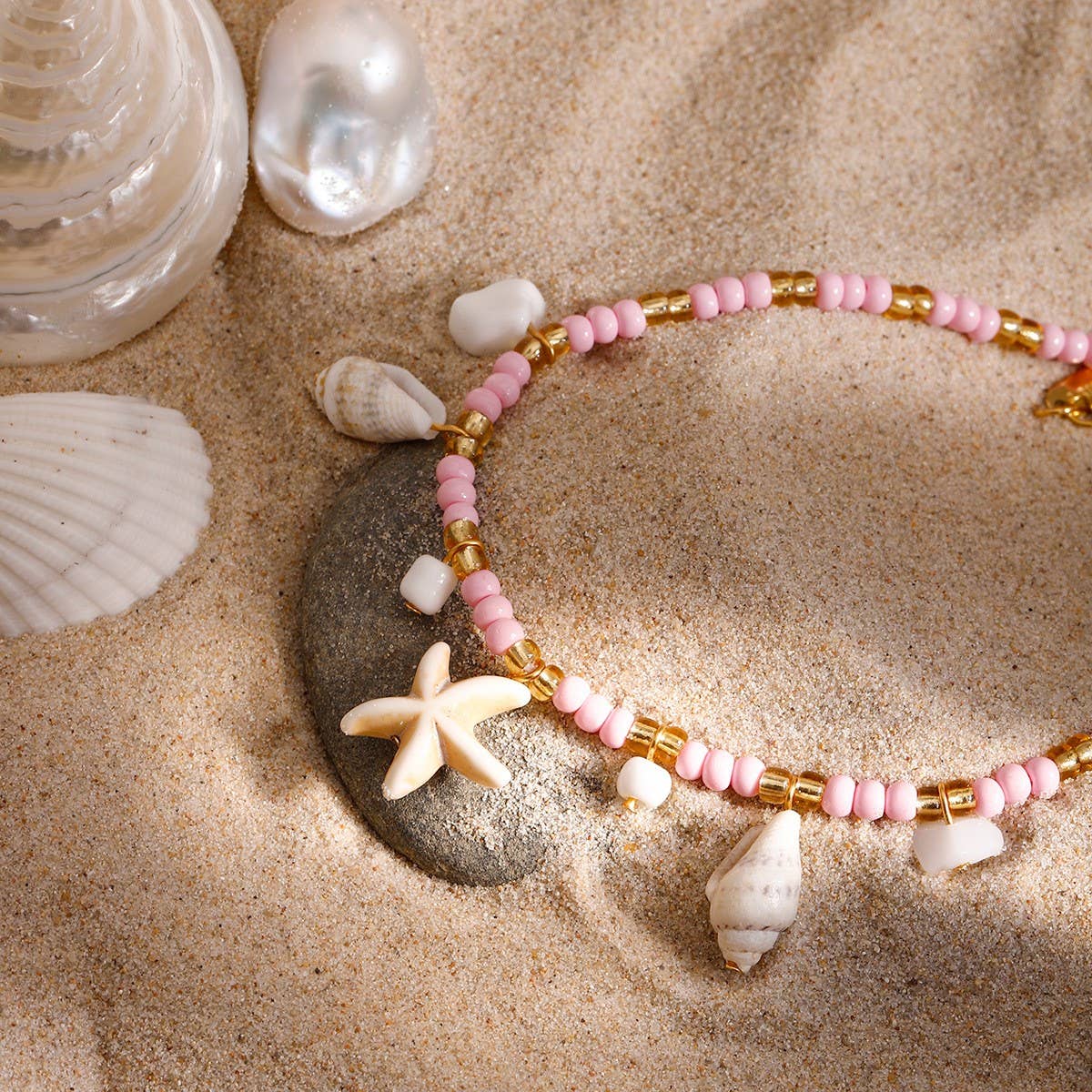 18K Gold Shell Bead Anklet, Stainless Steel_CWAJE4755