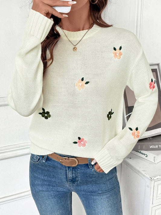 Flower-Embroidered Round-Neck Pullover Sweater
