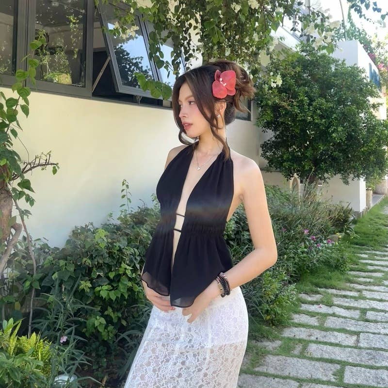 Solid-color backless, lace-up halter top