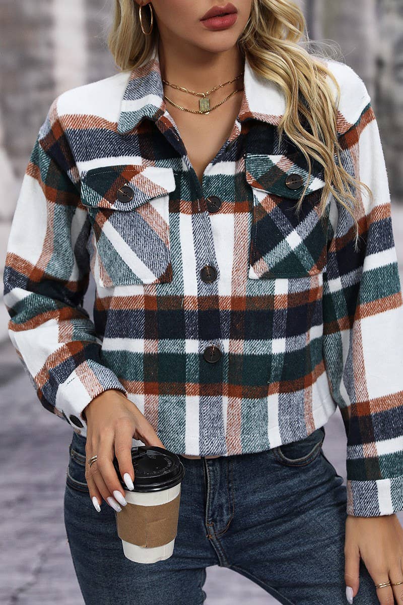 CWOCO1100_LAPEL LONG SLEEVE POCKET PLAID SHORT COAT