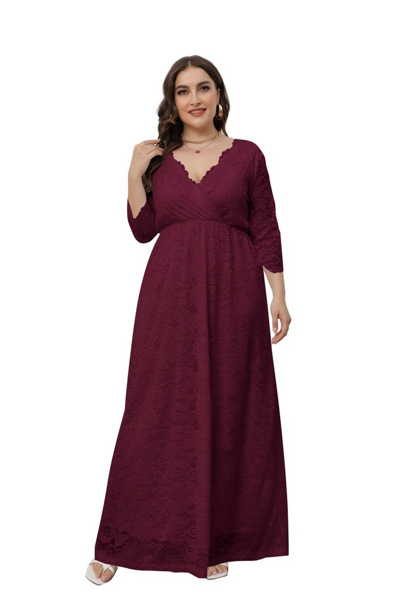 CWDMD3208_PLUS SIZE V NECK LACE LONG GOWN DRESS