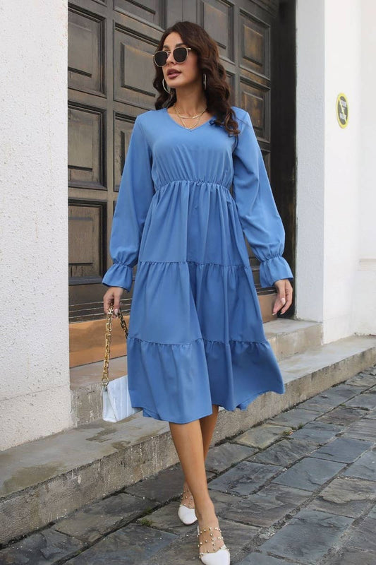 CWDSD6430_FALL V-NECK DRESS WITH FLARED SLEEVES