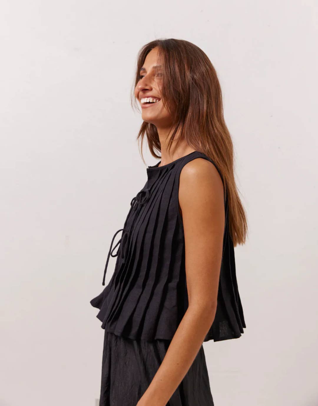 Solid-color strapped cotton linen loose shirt