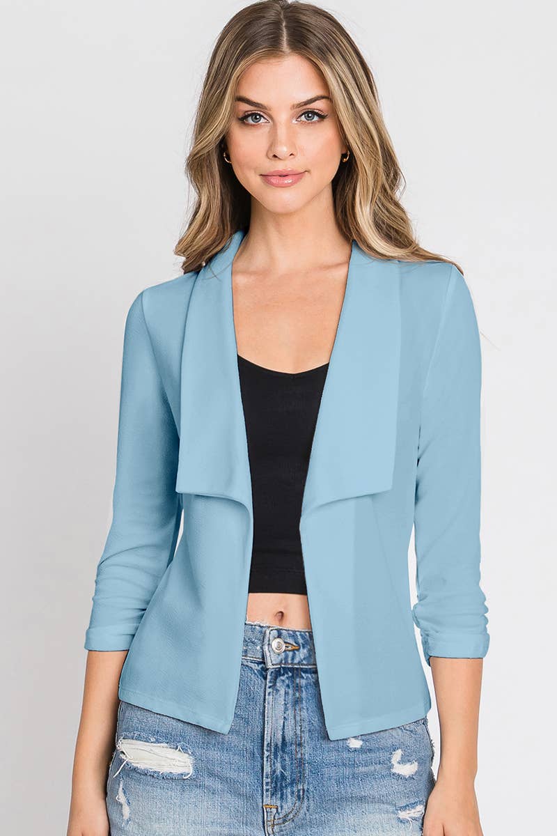 CWOBL101_Casual Work Ruched 3/4 Sleeve Open Front Blazer