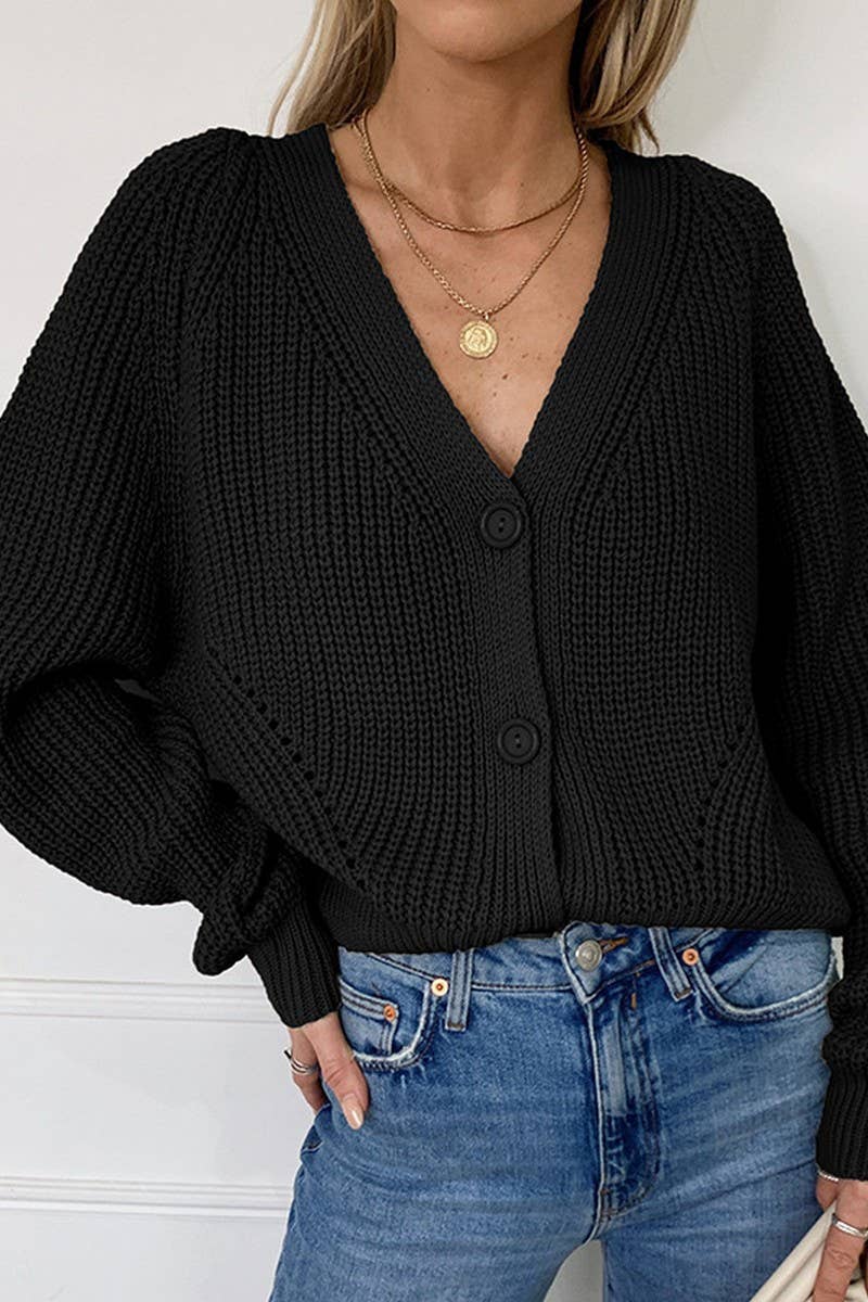 Solid color V-neck lantern sleeve button knit cardigan