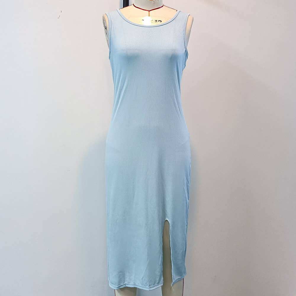 SOLID COLOR KNIT SLIT SLIM LONG DRESS