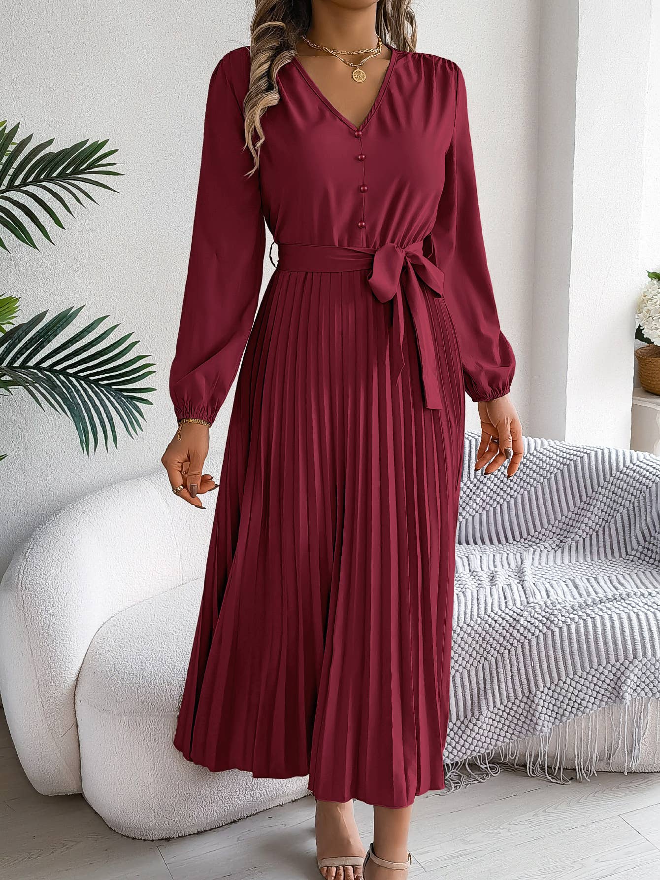 V-NECK BUTTON-UP LONG PLEATED DRESS