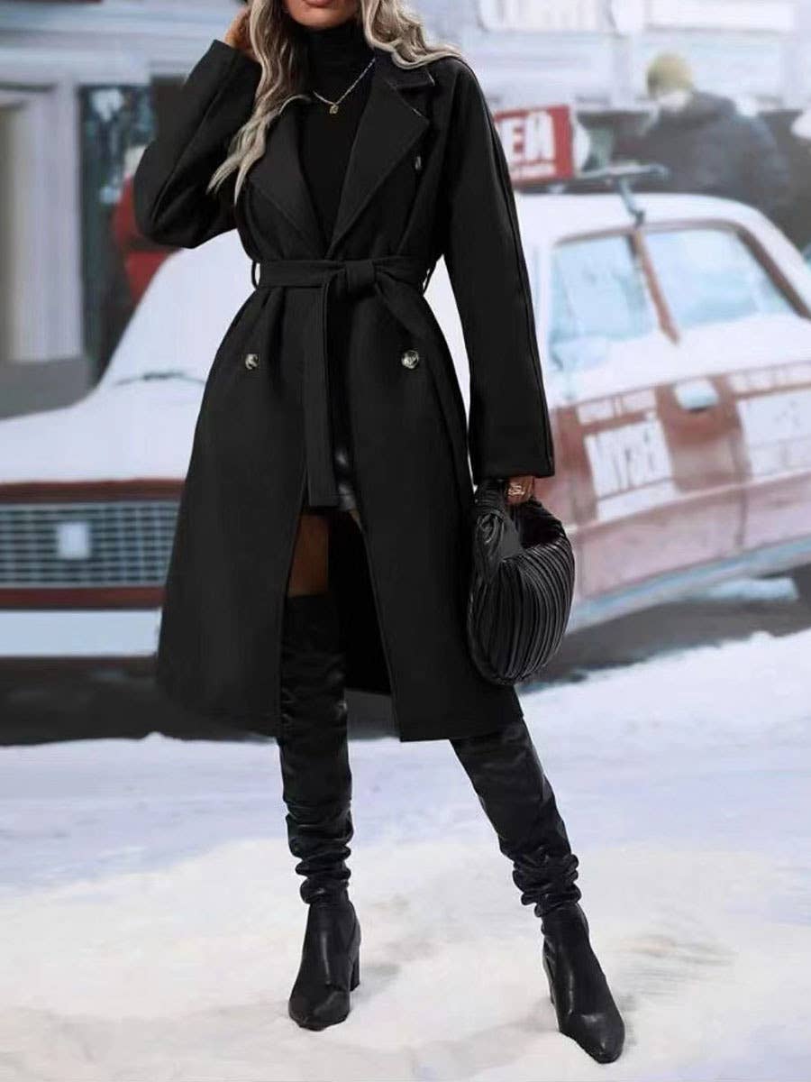 Thickened lapel tie double-breasted longer coat