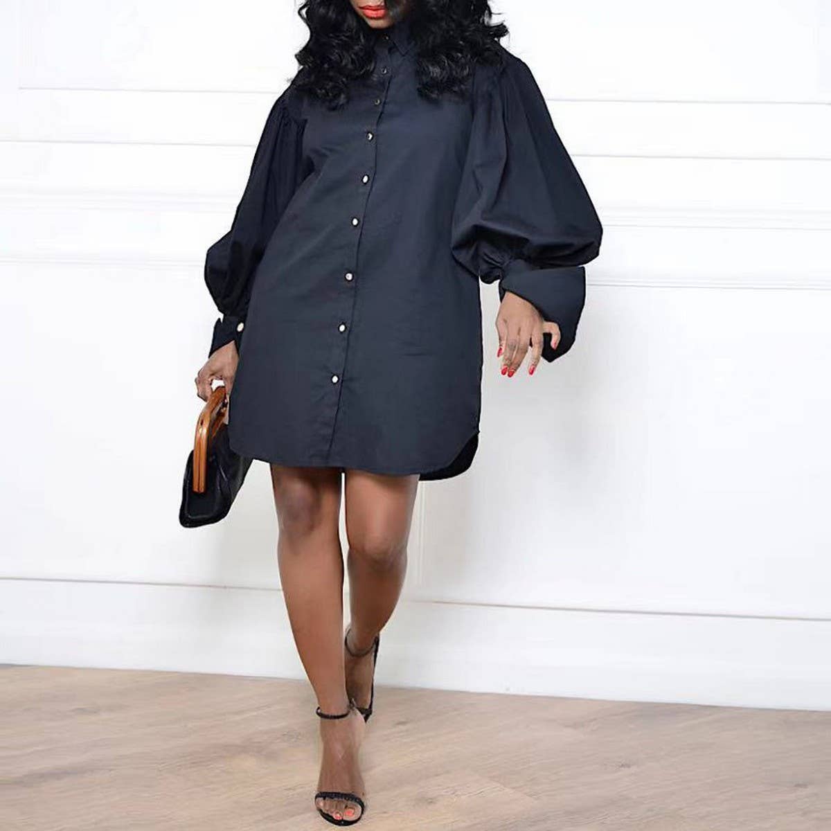 LOOSE PUFF SLEEVE SOLID COLOR CASUAL DRESS_CWDSD6067