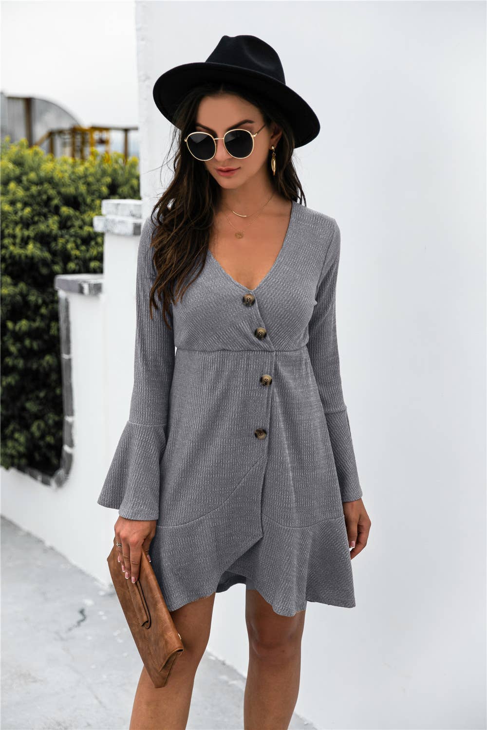 V-NECK RUFFLED TRUMPET SLEEVE BUTTON KNIT DRESS