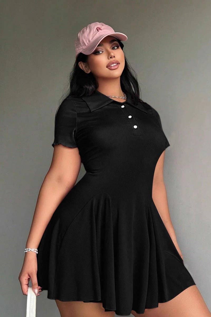 CWDSD10876_SOLID COLOR POLO COLLAR SHORT SLEEVE DRESS