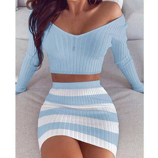 V-neck long-sleeved blouse skirt two-piece set