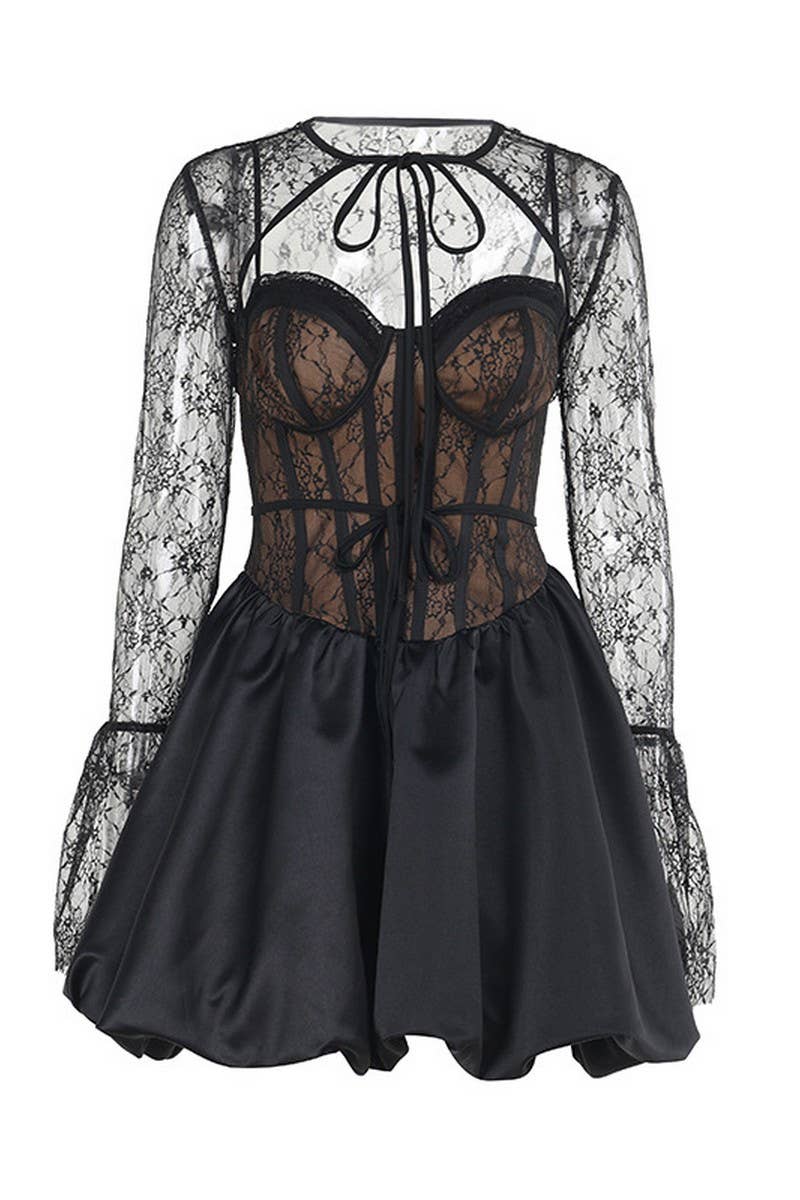 CWDSD6715_LONG SLEEVE LACE TIE A-LINE DRESS