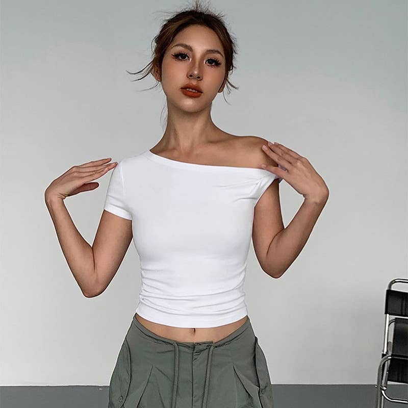 Solid One-Shoulder Asymmetrical Cropped Top