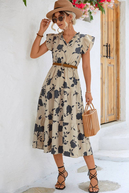 CWDMD2806_V-NECK PRINTED FLYING SLEEVE MIDI DRESS