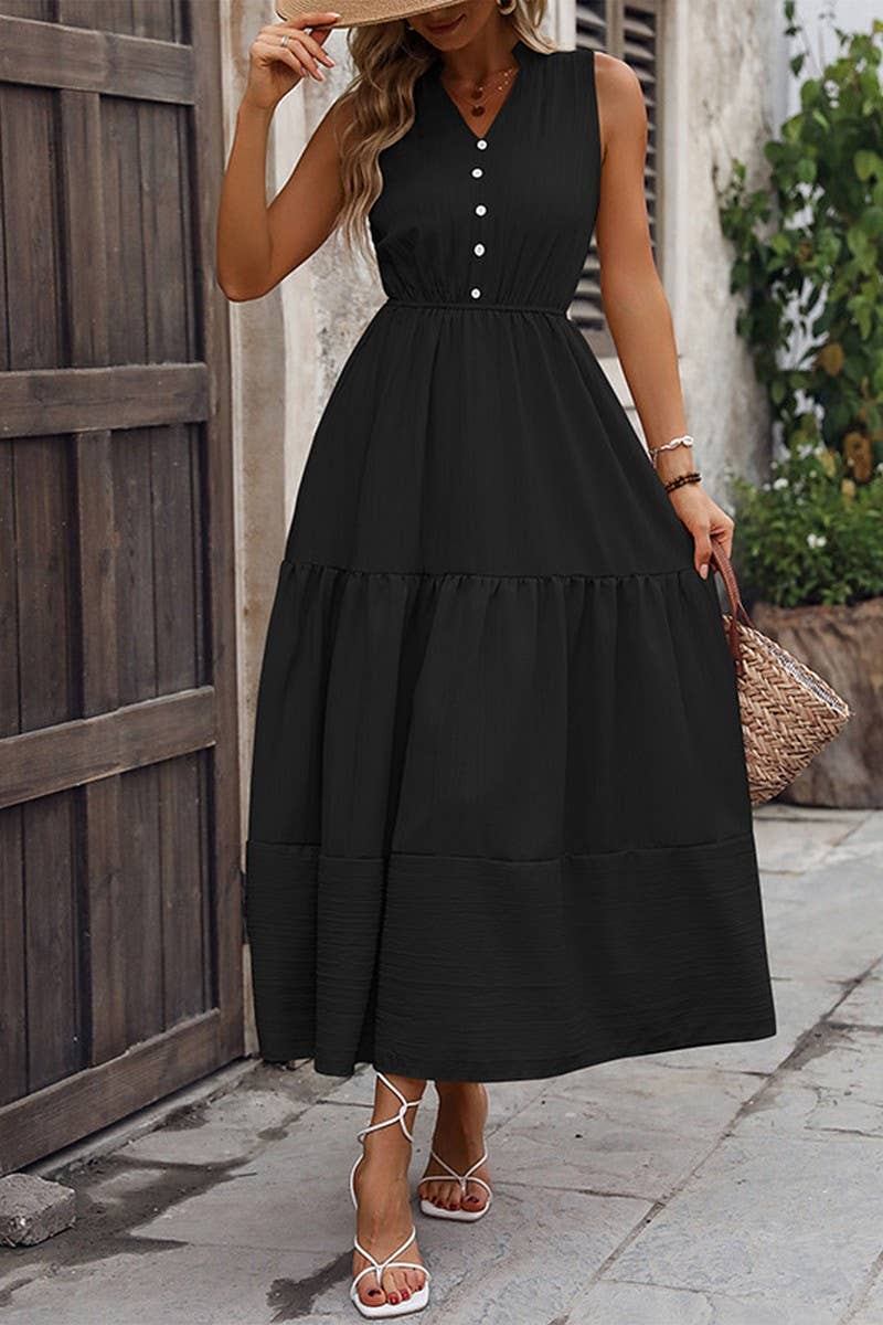 CWDMD5280_V-NECK SOLID SLEEVELESS STAND COLLAR A-LINE DRESS