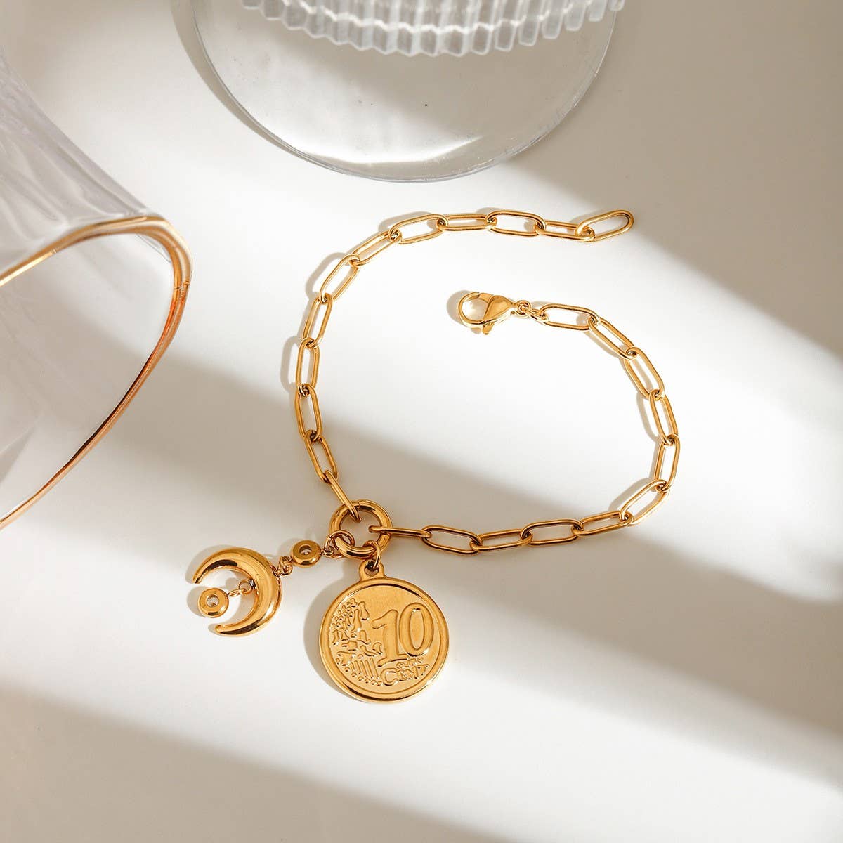 18K Gold Coin & Moon Zircon Bracelet, Titanium_CWAJE4703