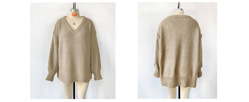 V-neck loose solid color long-sleeved sweater
