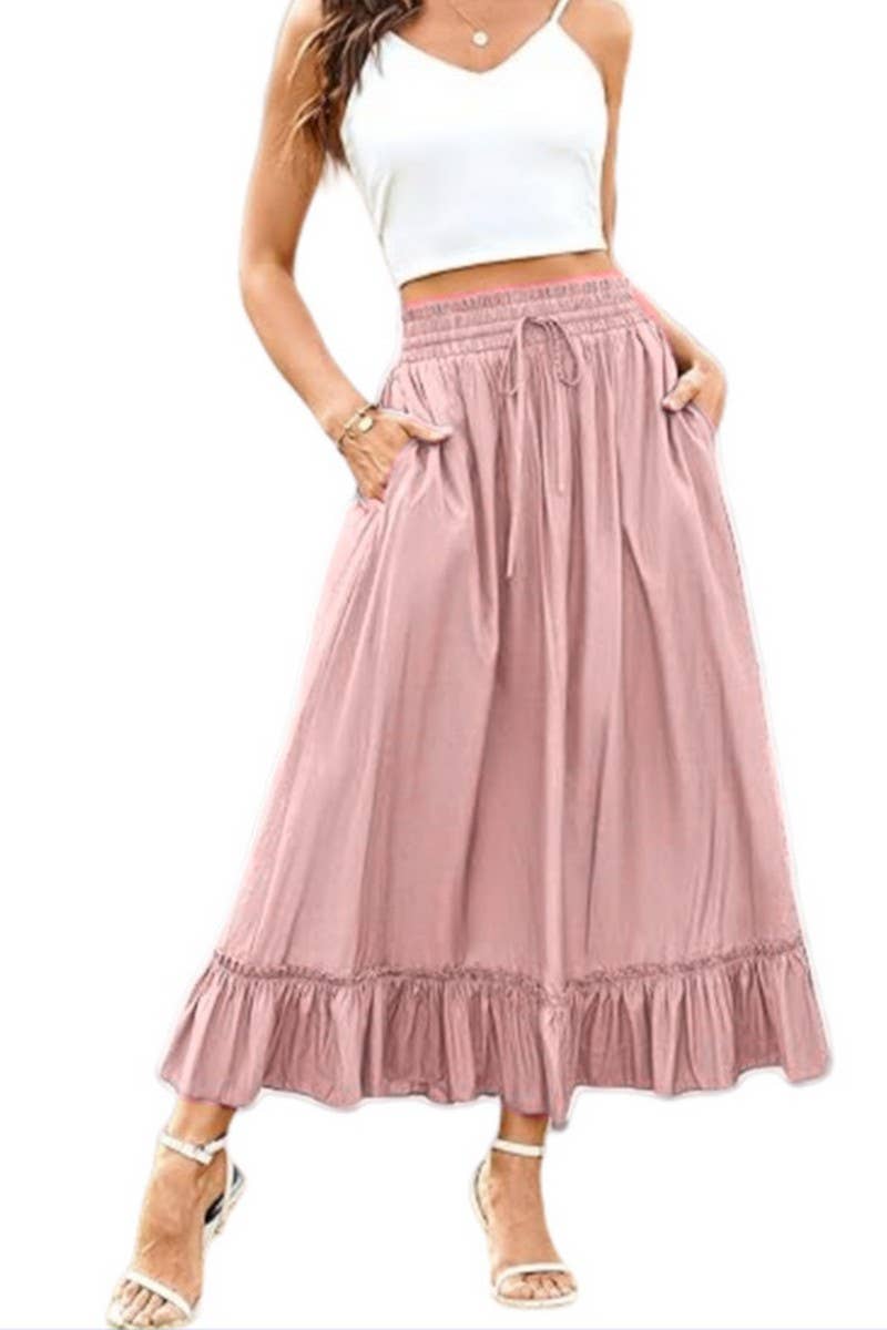 CWBMS0456_DRAWSTRING ELASTIC WAIST LONG SKIRT WITH RUFFLES