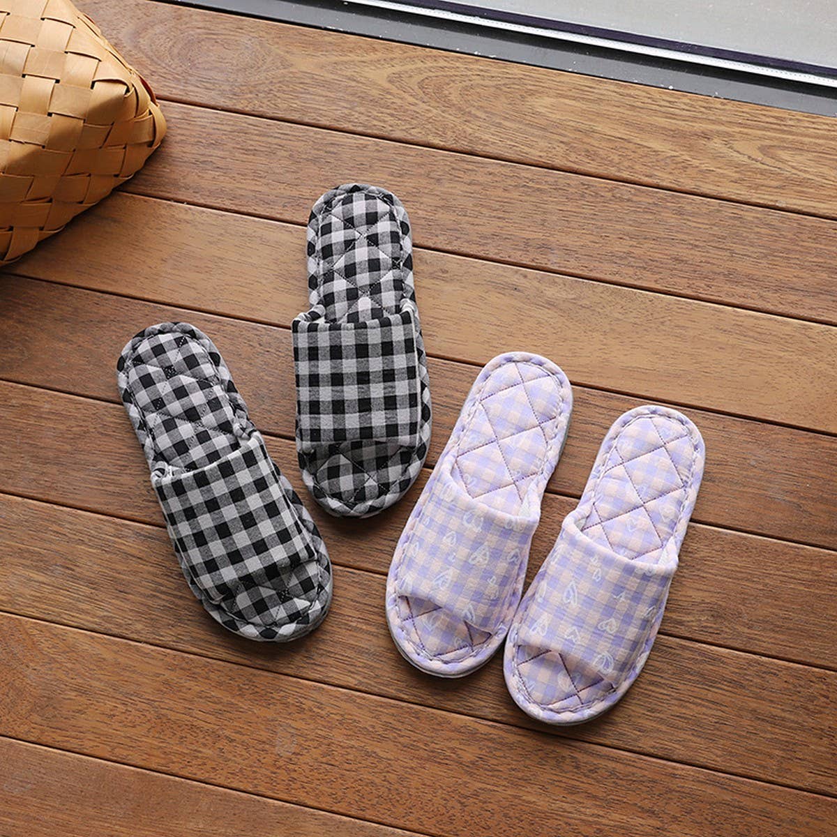 Plaid Cotton Slippers for Couples, Non-Slip_CWSHF0175