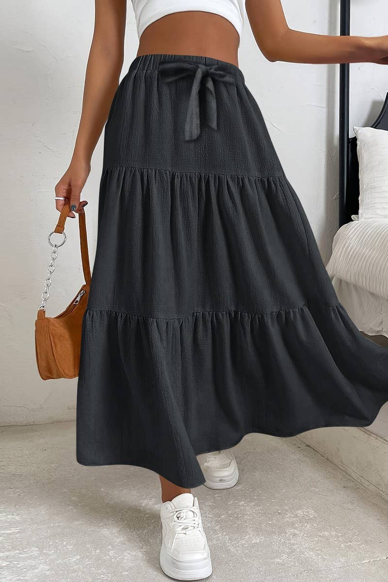 CWBLS0559_BOW WAIST TIERED SOLID MIDI SKIRT
