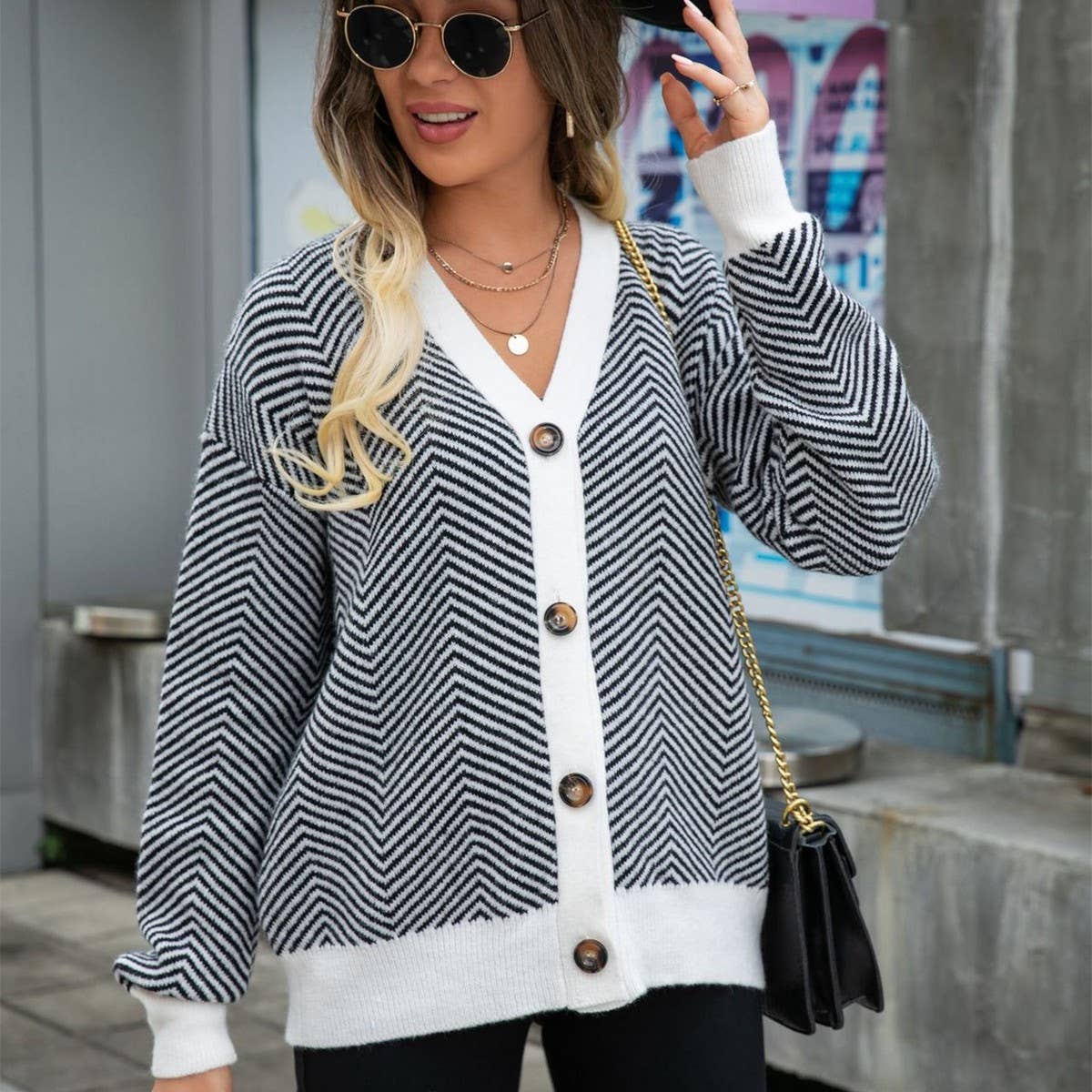 Striped patchwork loose single breasted cardigan