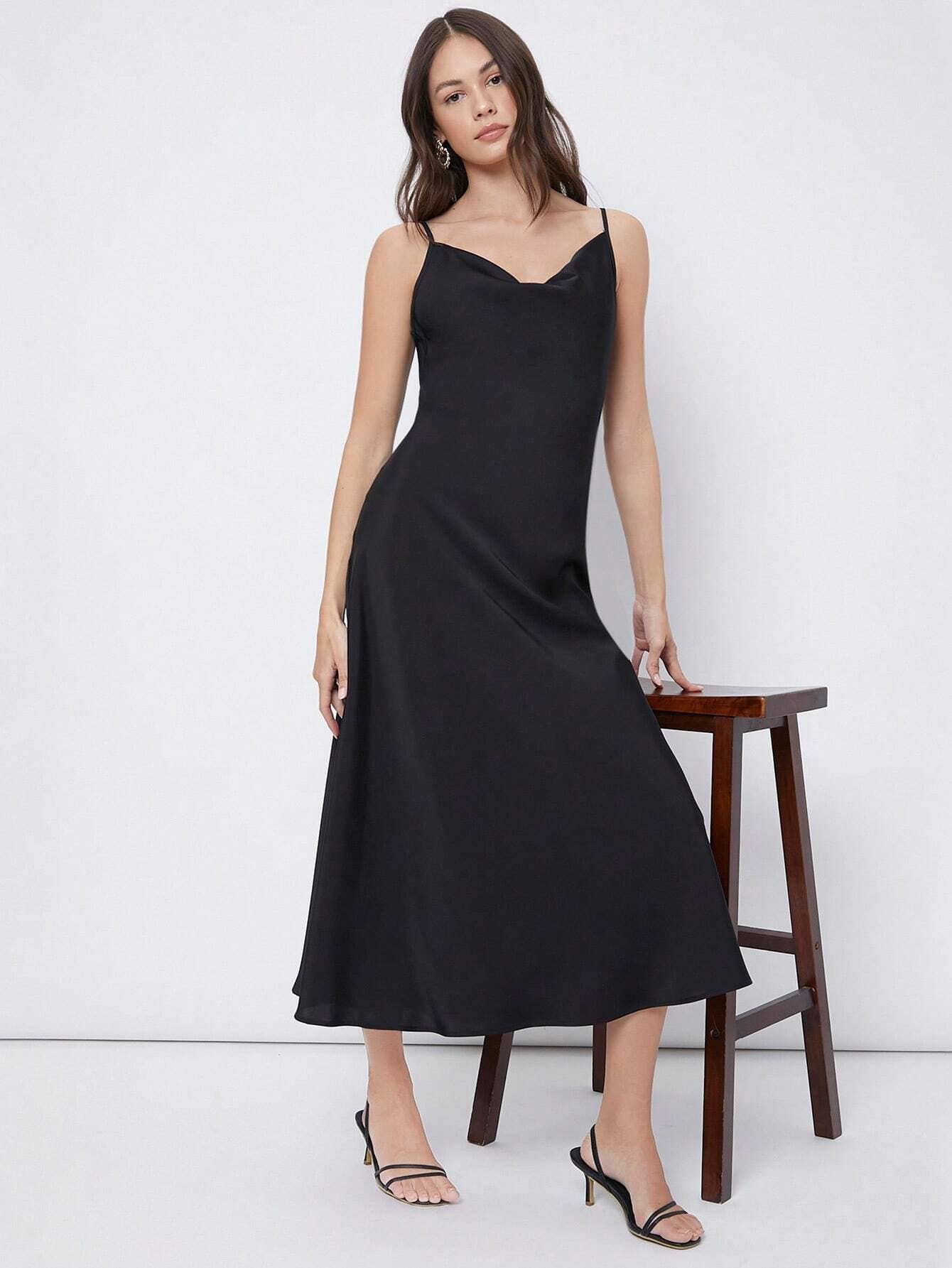 Party swing neck slip dress in lustrous satin