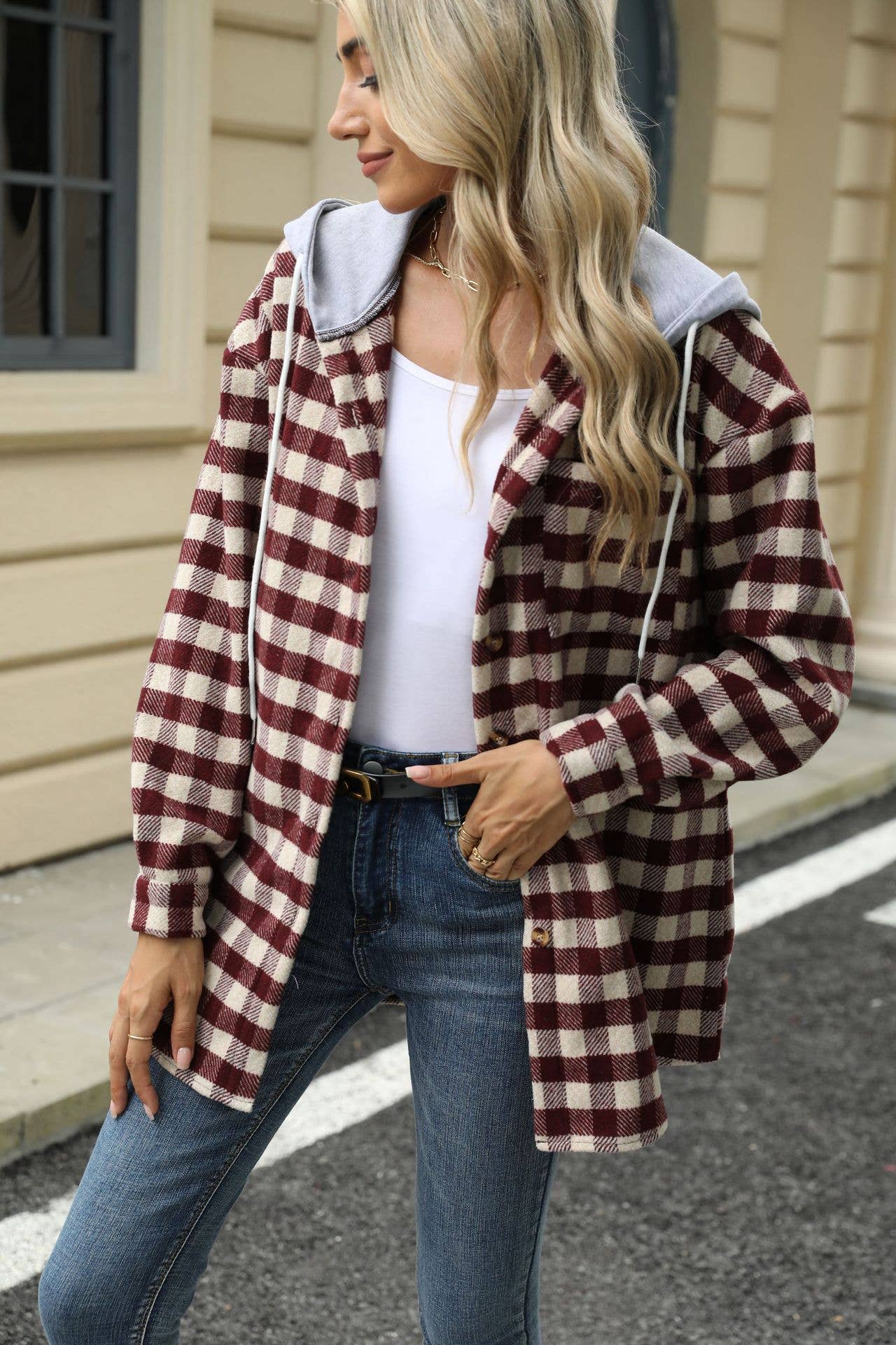 HOOD PLAID PATCHWORK SINGLE BREASTED WOOLEN COAT