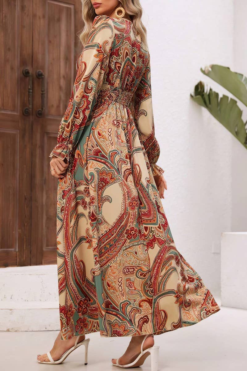 CWDMD4100_PRINTED V-NECK LONG-SLEEVED SWING DRESS