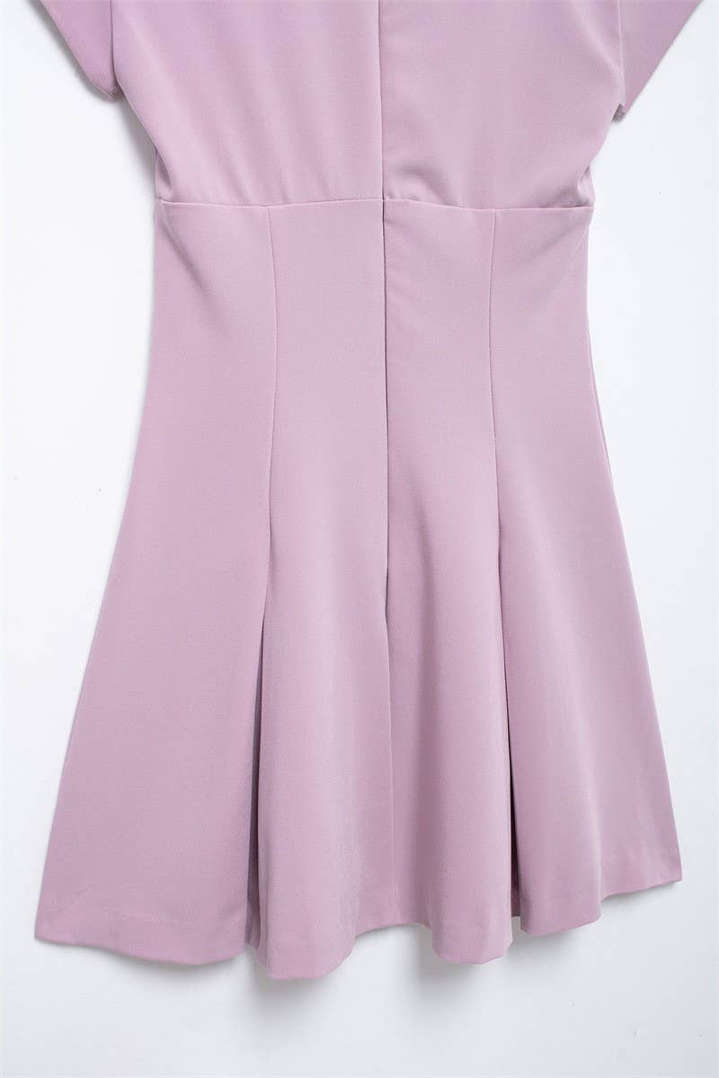 CWDSD6658_WIDE PLEATED V NECK SHORT ZIP-UP DRESS