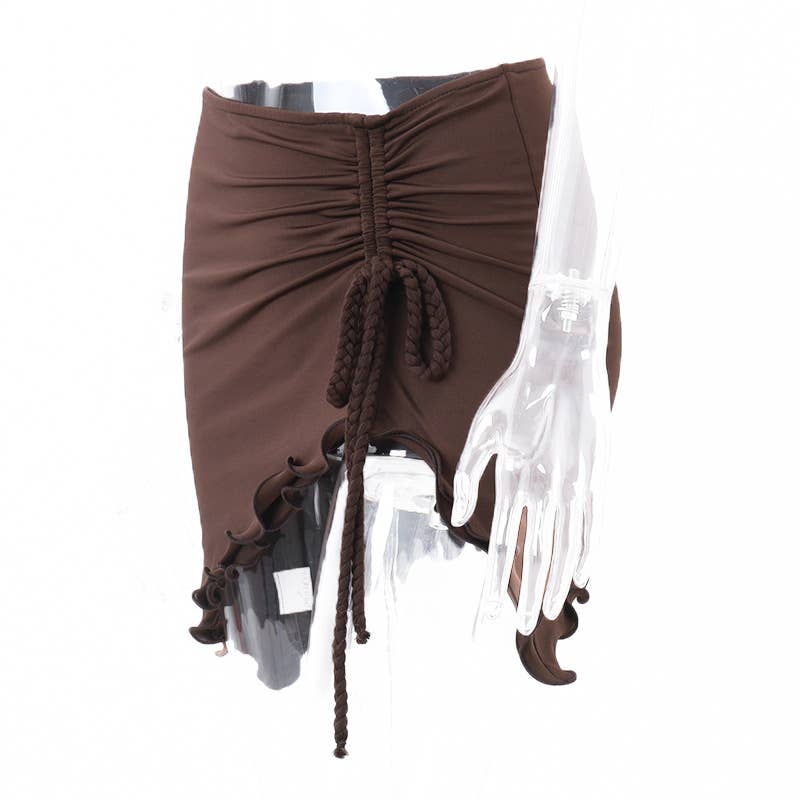 Retro pleated drawstring cinched waist skirt