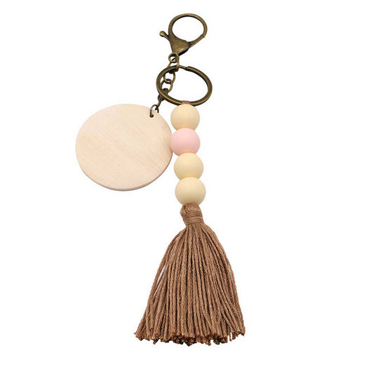 ROUND WOODEN BEADED TASSEL KEYCHAIN