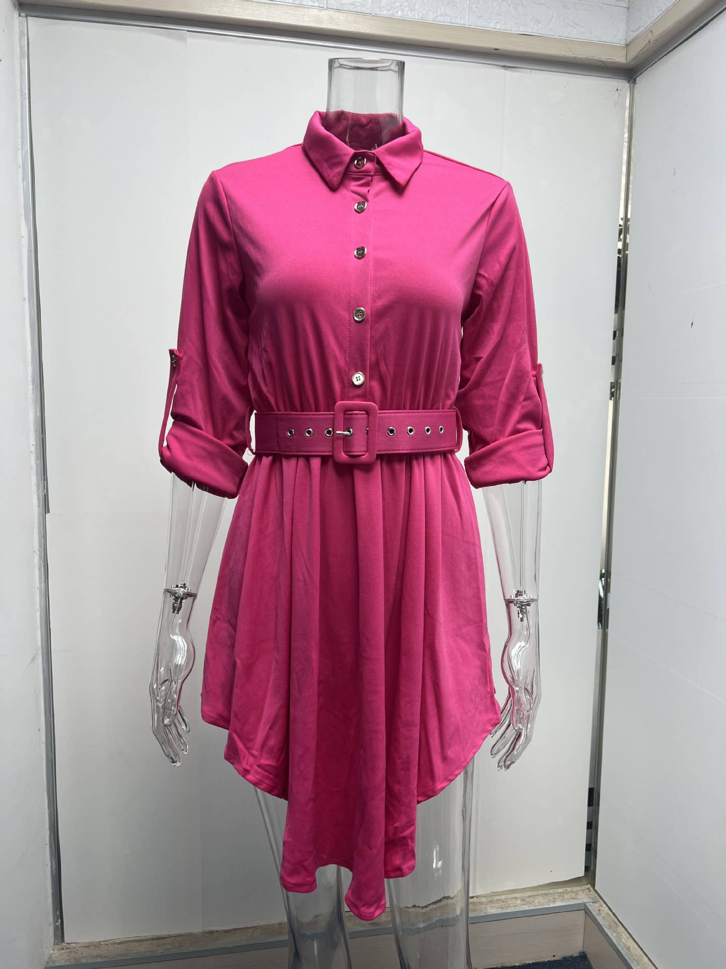 Rolled-up sleeves cinched waist shirt dress