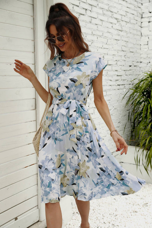 PRINTED CREW NECK LACE-UP PLEATED DRESS