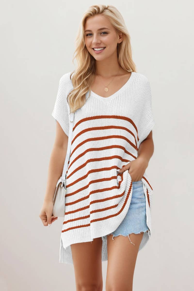 CWDSD3925_V-NECK STRIPED SHORT-SLEEVED KNITTED SHORT DRESS
