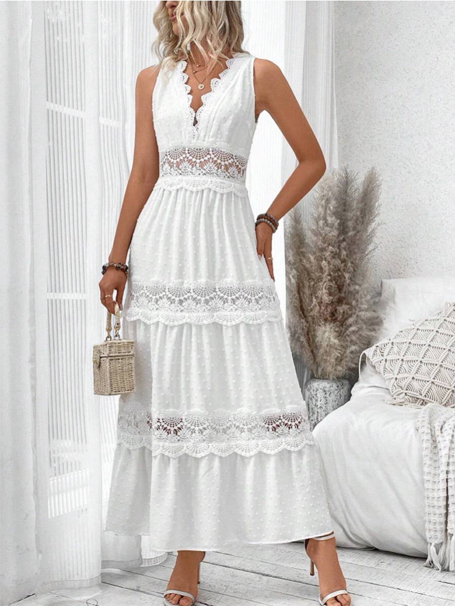 Lace splicing solid color v-neck sleeveless dress