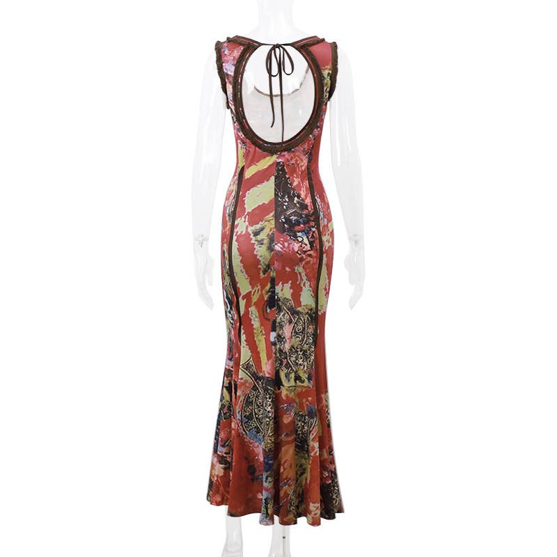Stylish and retro tie-dyed printed U-neck dress