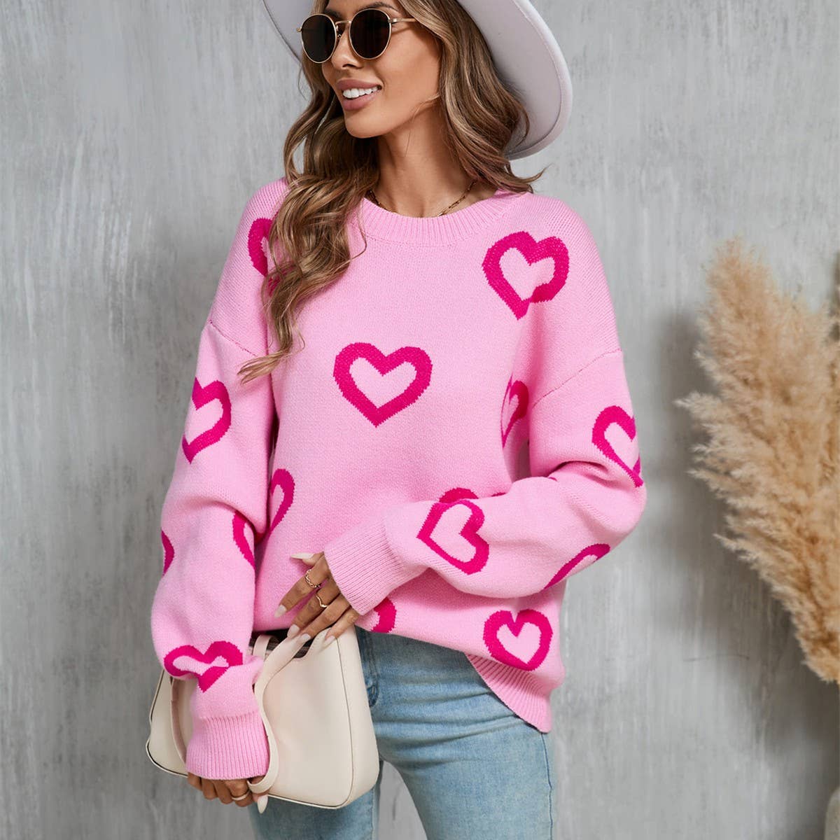 Jacquard love crewneck pullover sweater