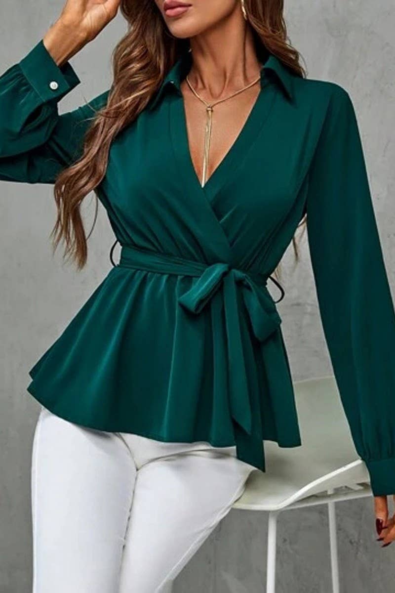 SOLID COLOR BELTED WRAP BELTED RUFFLED SHIRT