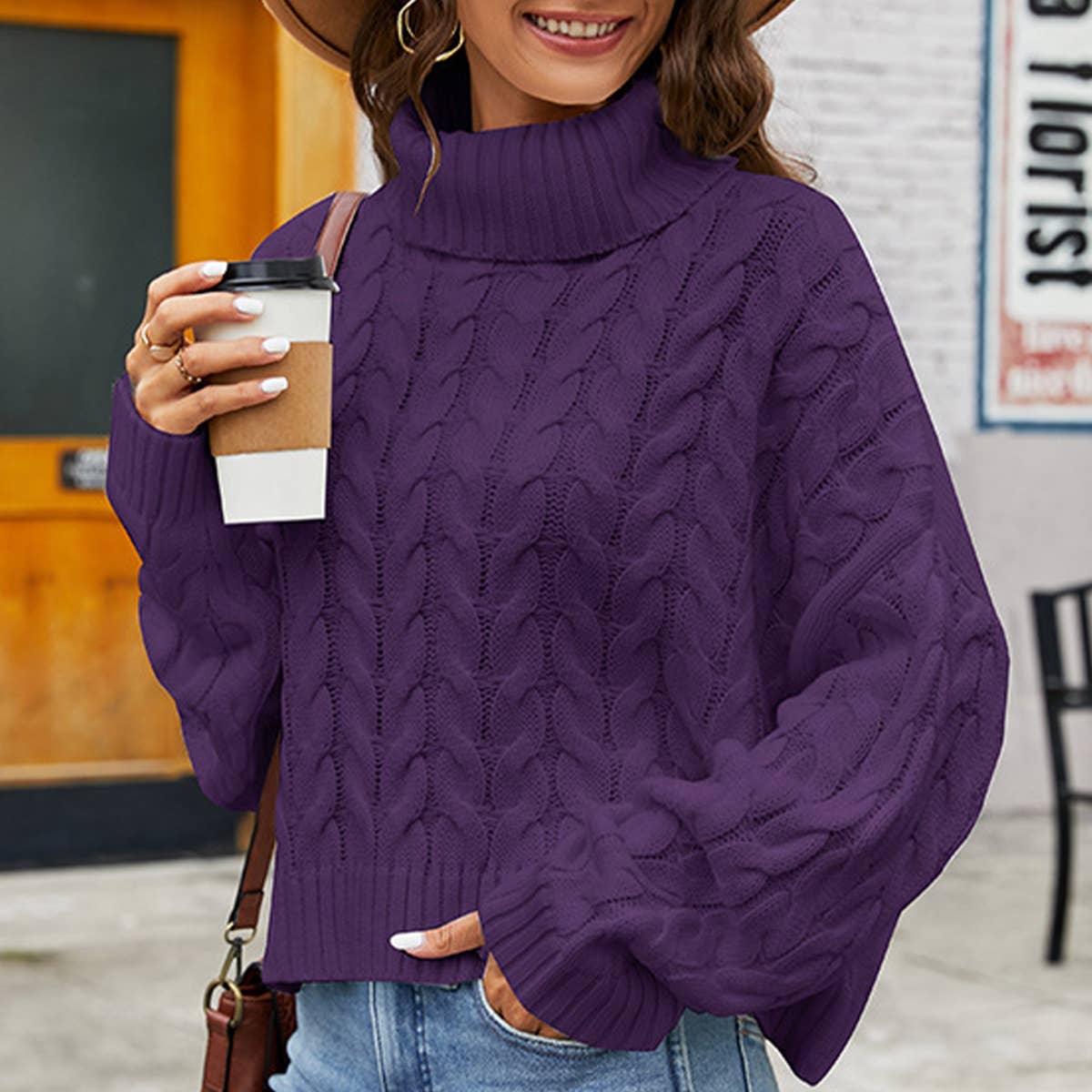 TURTLENECK FLORAL PULLOVER SOLID COLOR SWEATER