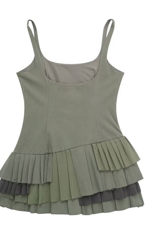 CWDSD6656_U-NECK SLEEVELESS WAIST RUFFLED SUSPENDER DRESS