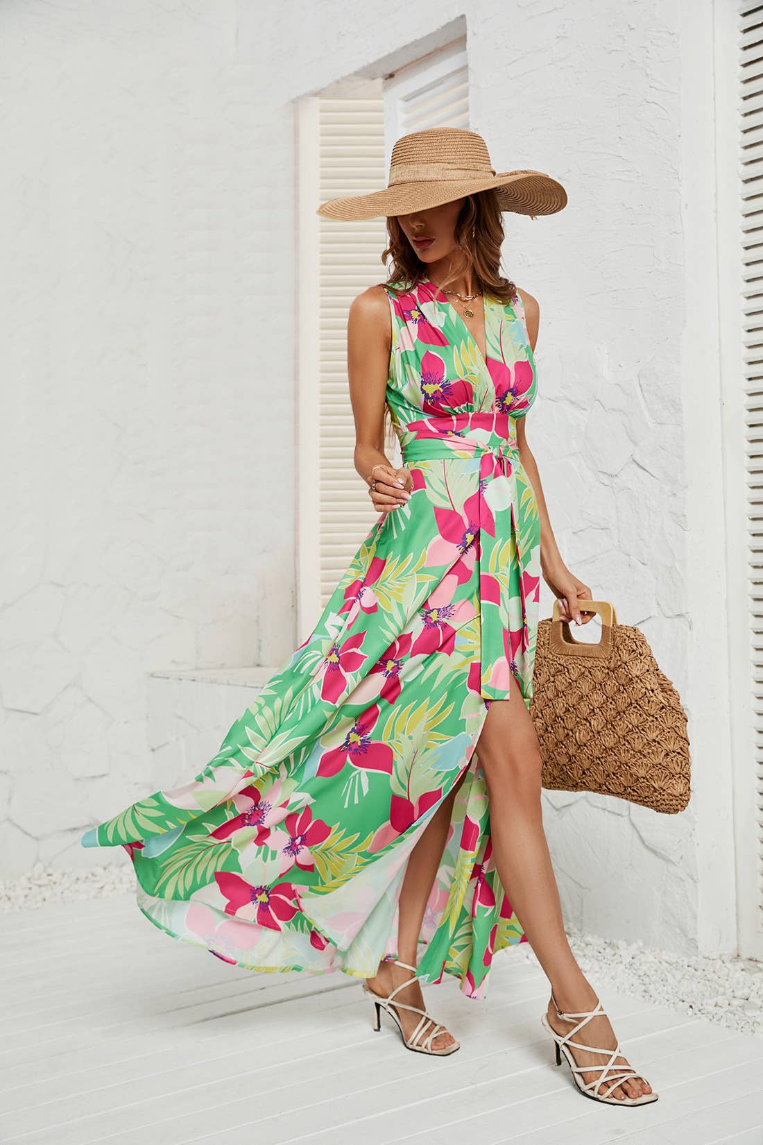 Printed lace-up dress with slit