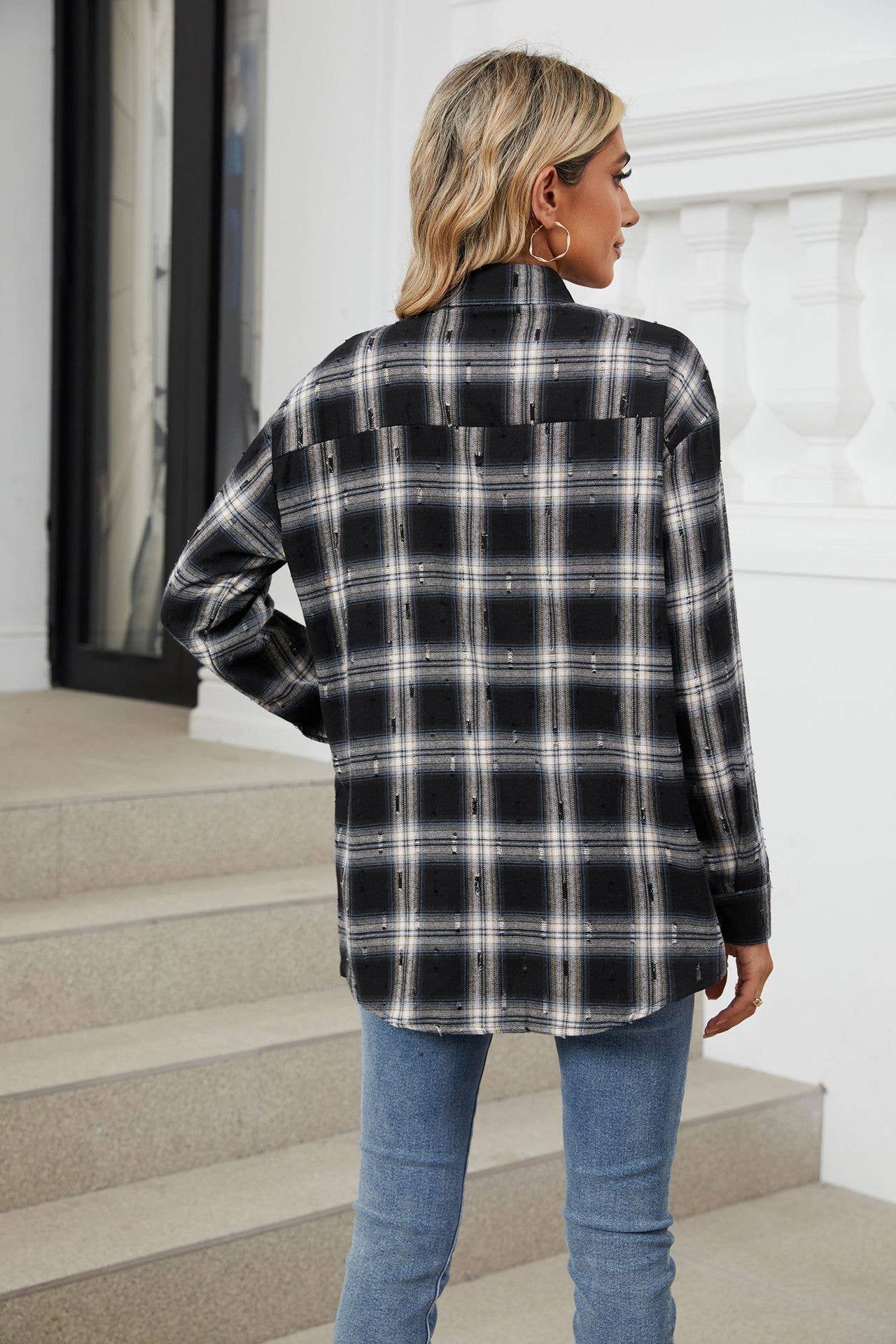 VINTAGE CROCHETED LONG-SLEEVED LAPEL PLAID SHIRT