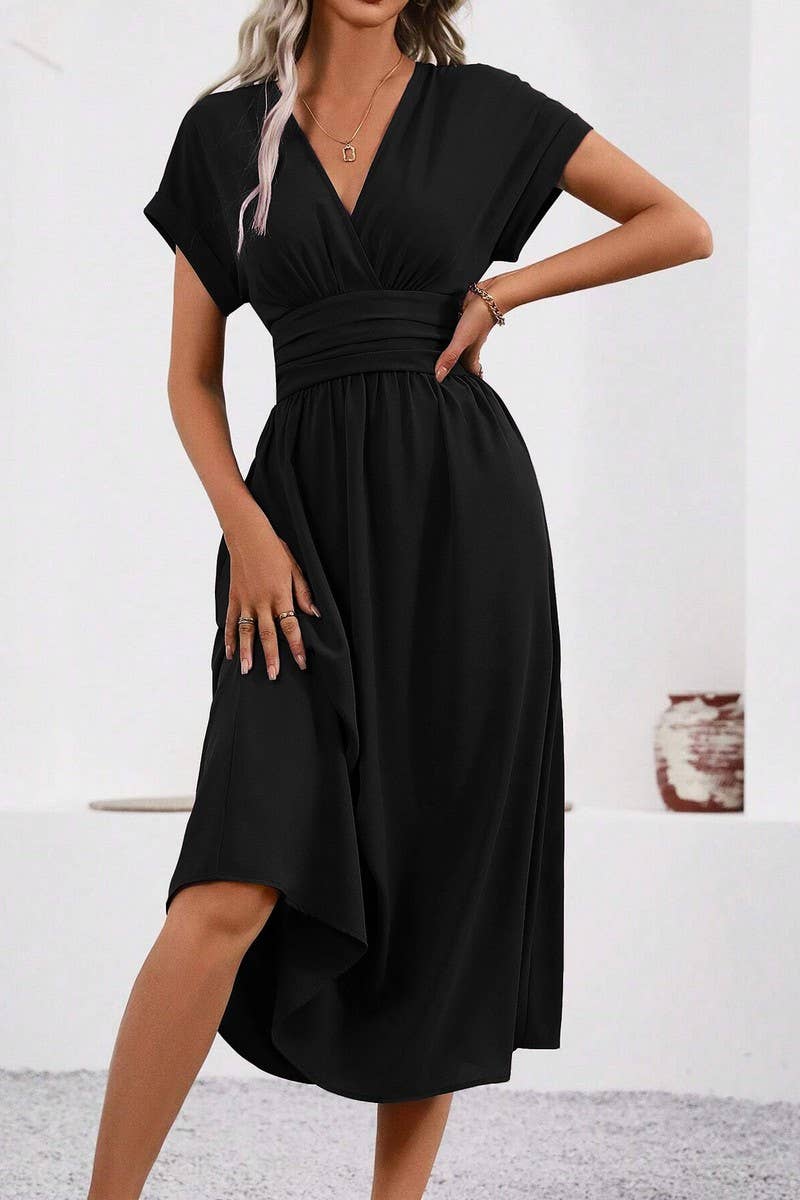 CWDMD4648_SOLID COLOR V-NECK BAT SLEEVE LONG DRESS