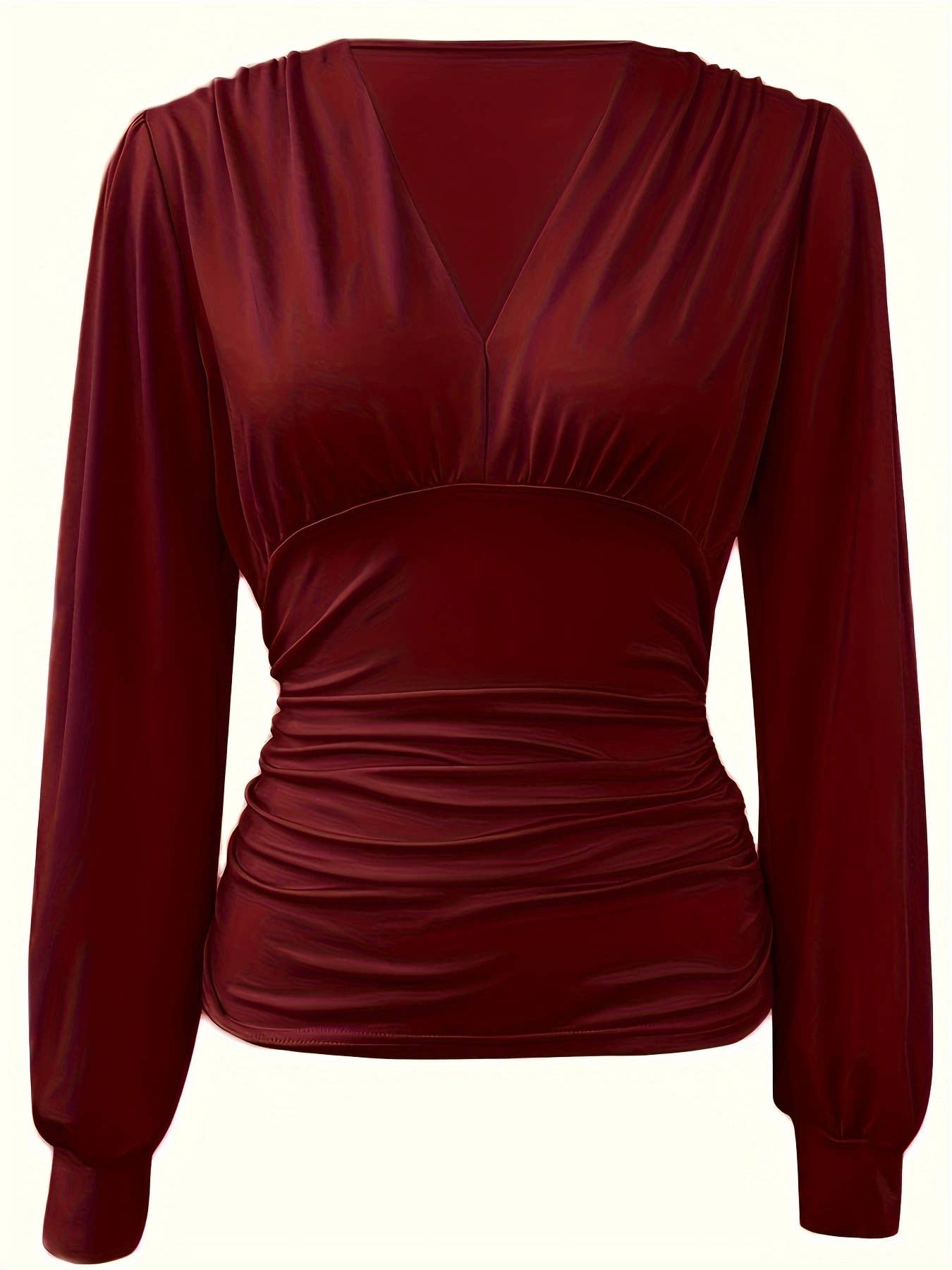 LONG SLEEVE FASHION V-NECK SOLID COLOR CASUAL TOP