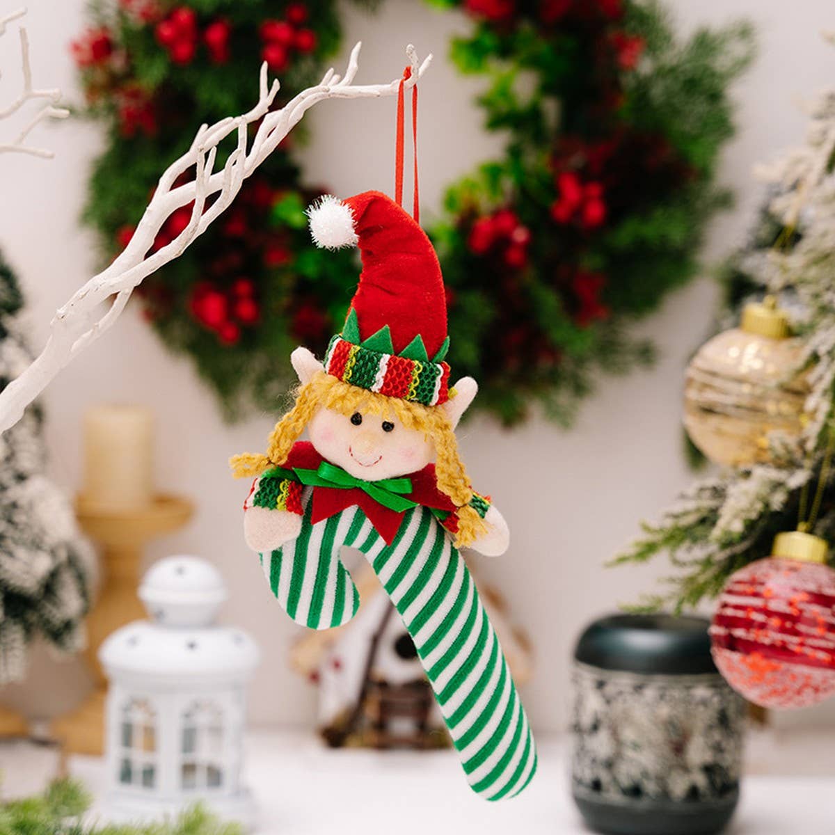 CWMM10298_FABRIC ELF CANDY CANE CHRISTMAS HANGING ORNAMENT