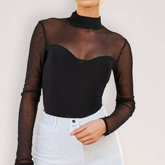 SEXY BLACK MESH PATCHWORK SLIM-FIT BASE JUMPSUIT