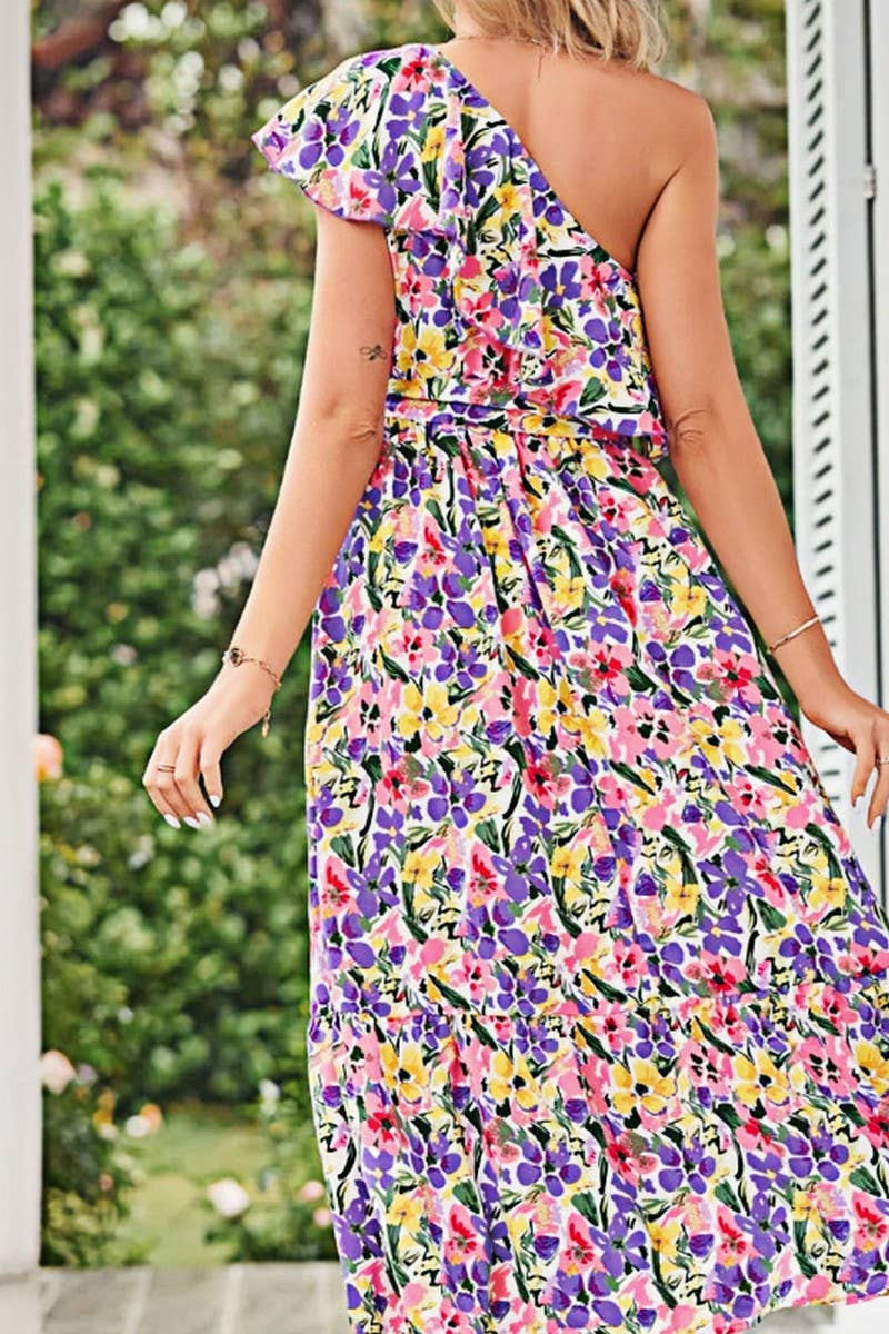 CWDMD4123_ONE-SHOULDER PRINTED TIE-NECK RUFFLE DRESS